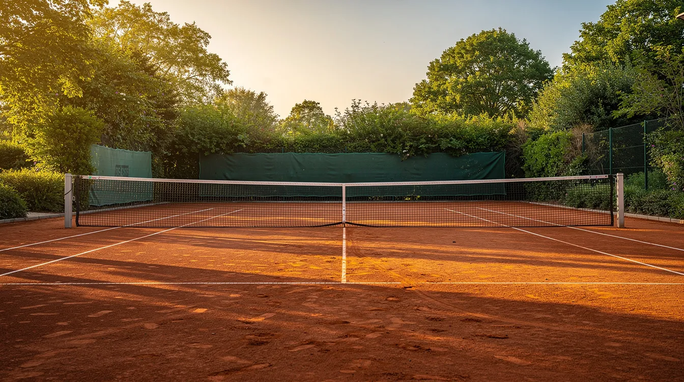 A well-maintained clay tennis court is bathed in warm golden light, surrounded by lush greenery, creating an inviting atmosphere for players of all ages to enjoy the sport. This picturesque setting highlights the tennis center's excellent facilities, perfect for both casual play and organized events.