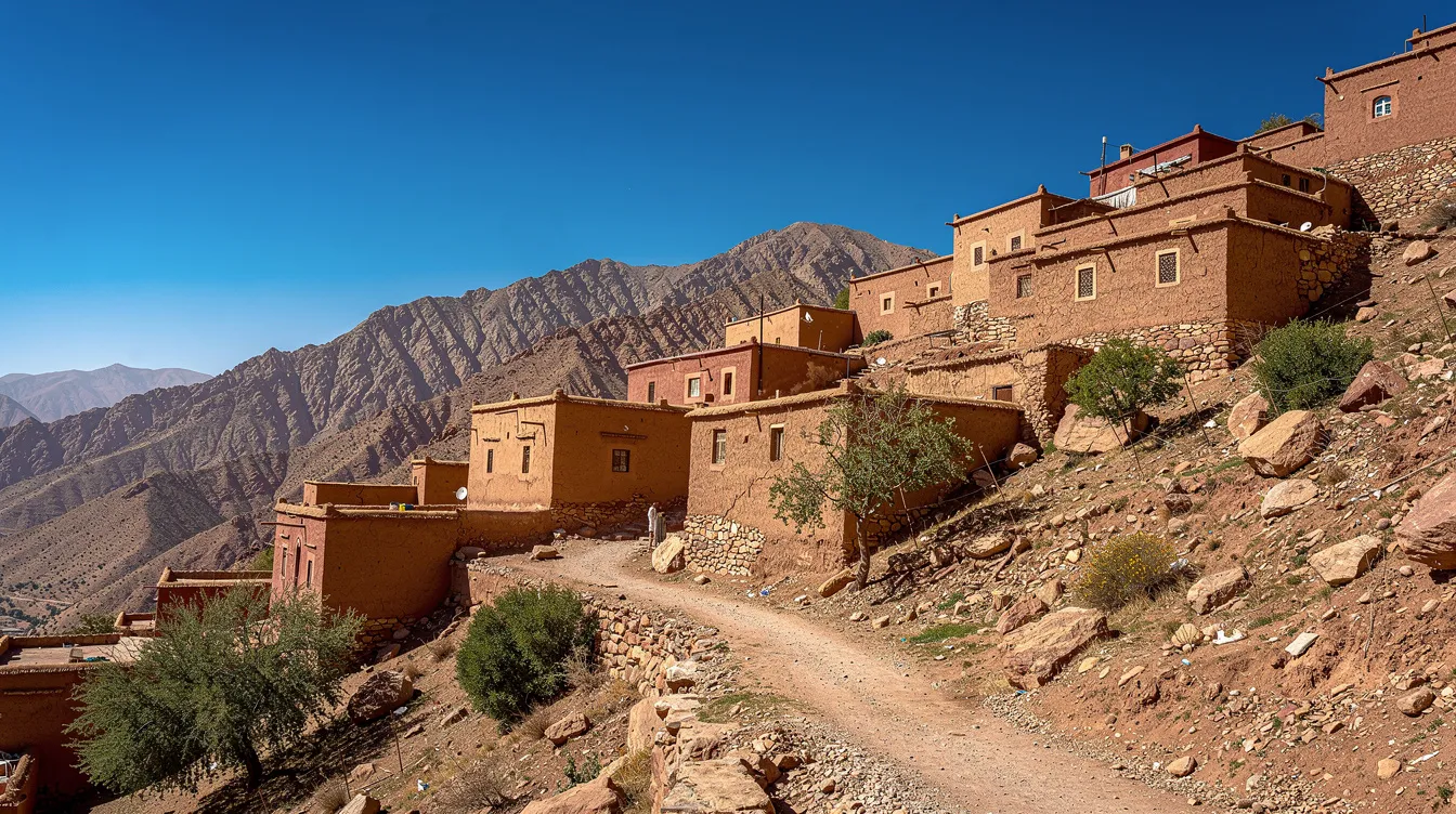 Village de montagne aux maisons traditionnelles en terre sous un ciel bleu.