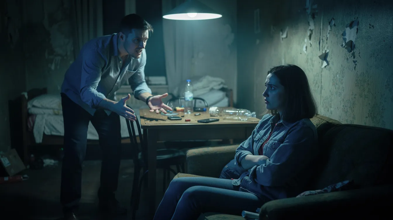 The image depicts a couple in a tense moment, showcasing signs of a toxic relationship through their body language and expressions. One partner appears frustrated while the other seems withdrawn, highlighting the emotional turmoil and harmful behaviors often present in such dynamics.