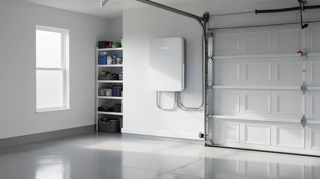 The image shows a modern battery storage unit installed in a tidy residential garage, designed to efficiently manage energy consumption from solar panels. This setup enhances energy efficiency and supports the use of solar power, making it an ideal solution for homeowners looking to reduce reliance on grid power.