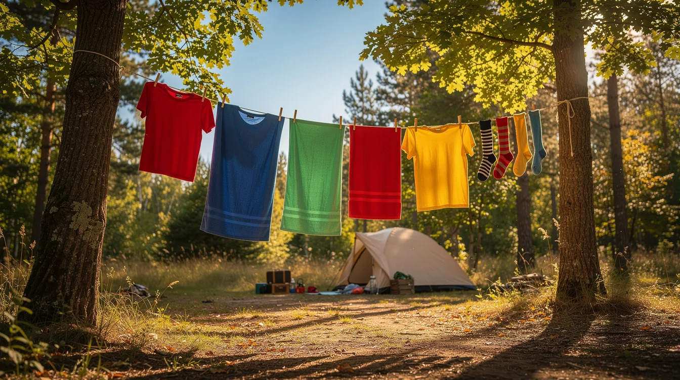 The image shows a vibrant array of colorful clothes hanging on a clothesline strung between two trees at a sunny campsite, perfect for drying clean clothes after washing them while traveling. This scene highlights a practical approach to laundry, showcasing how to hang clothes outdoors to dry naturally in the warm sun.