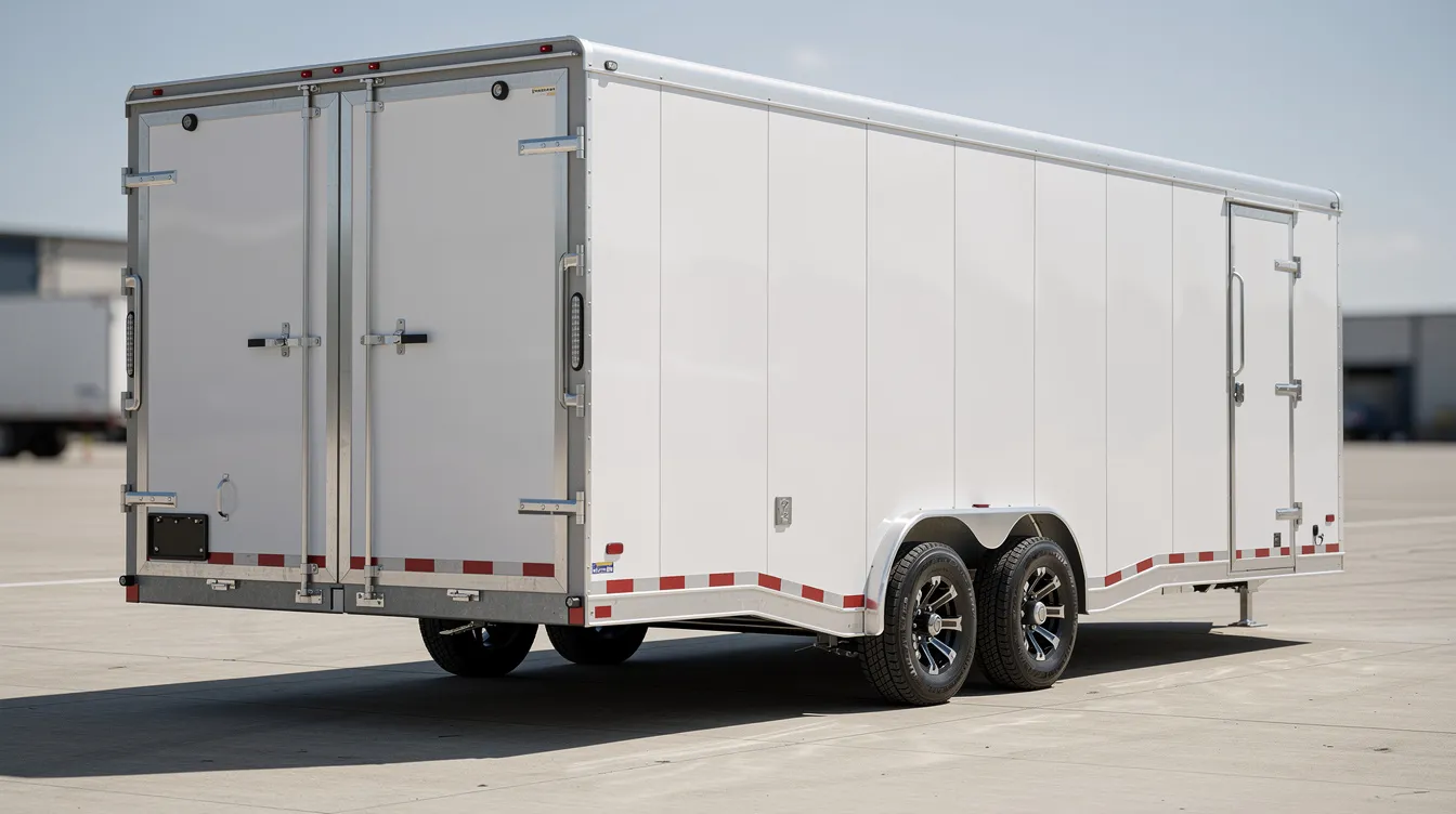 The image shows an enclosed auto transport trailer featuring protective sides and a roof, designed for safe vehicle shipping. This type of transport is ideal for terminal to terminal shipping, ensuring that cars are securely moved between designated terminals.