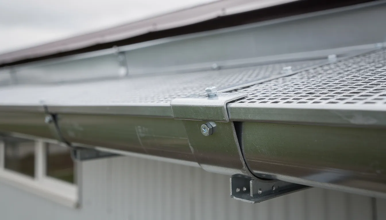 A close-up view of a gutter guard installed on a commercial building's gutter system, showcasing the premium materials and expert craftsmanship used for long-lasting protection against clogs and water damage. This gutter installation is part of a comprehensive gutter project aimed at maintaining the integrity of the property.