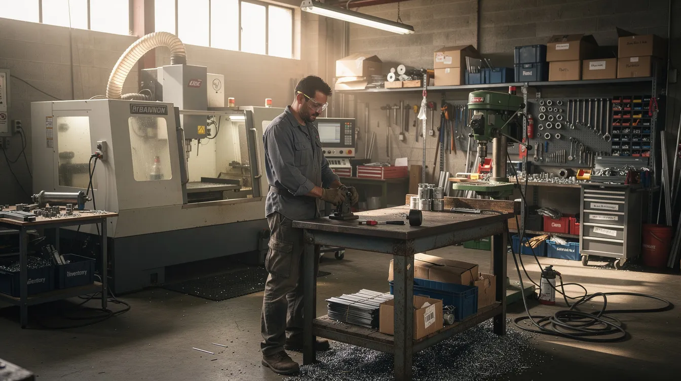 99fc419f fe10 44fe b9ec eeeec0de8053 The image depicts a small business owner working diligently in a manufacturing workshop, surrounded by various machinery and tools. This scene reflects the entrepreneurial spirit and the essential processes involved in managing a small enterprise, such as preparing financial statements and project reports for business loans.