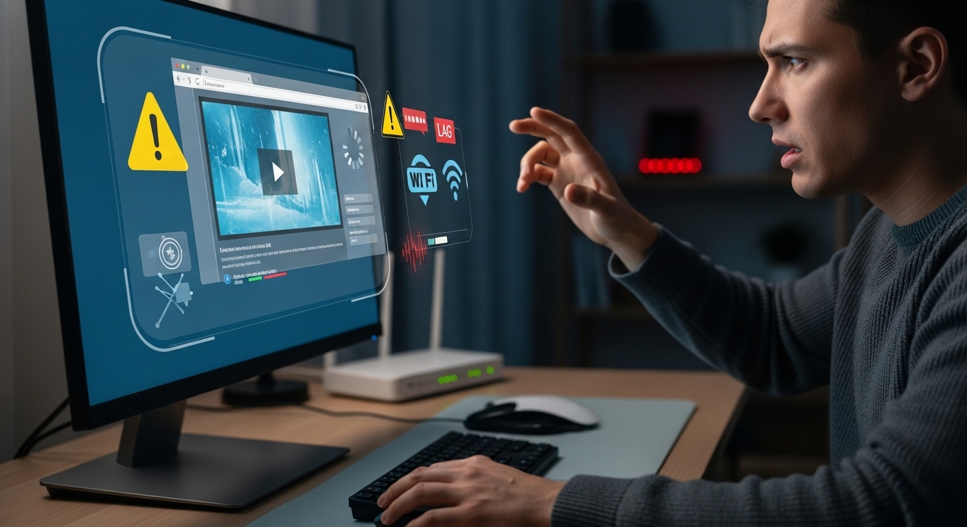 "Frustrated user experiencing lag on a virtual desktop due to poor internet connection, with network warning icons.