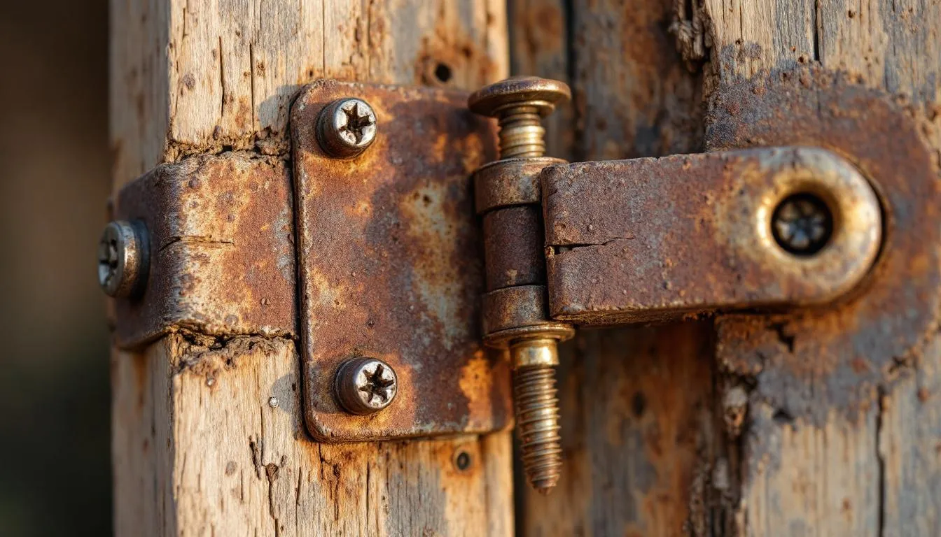 An image showing a close-up of a loose door hinge on a wooden door.