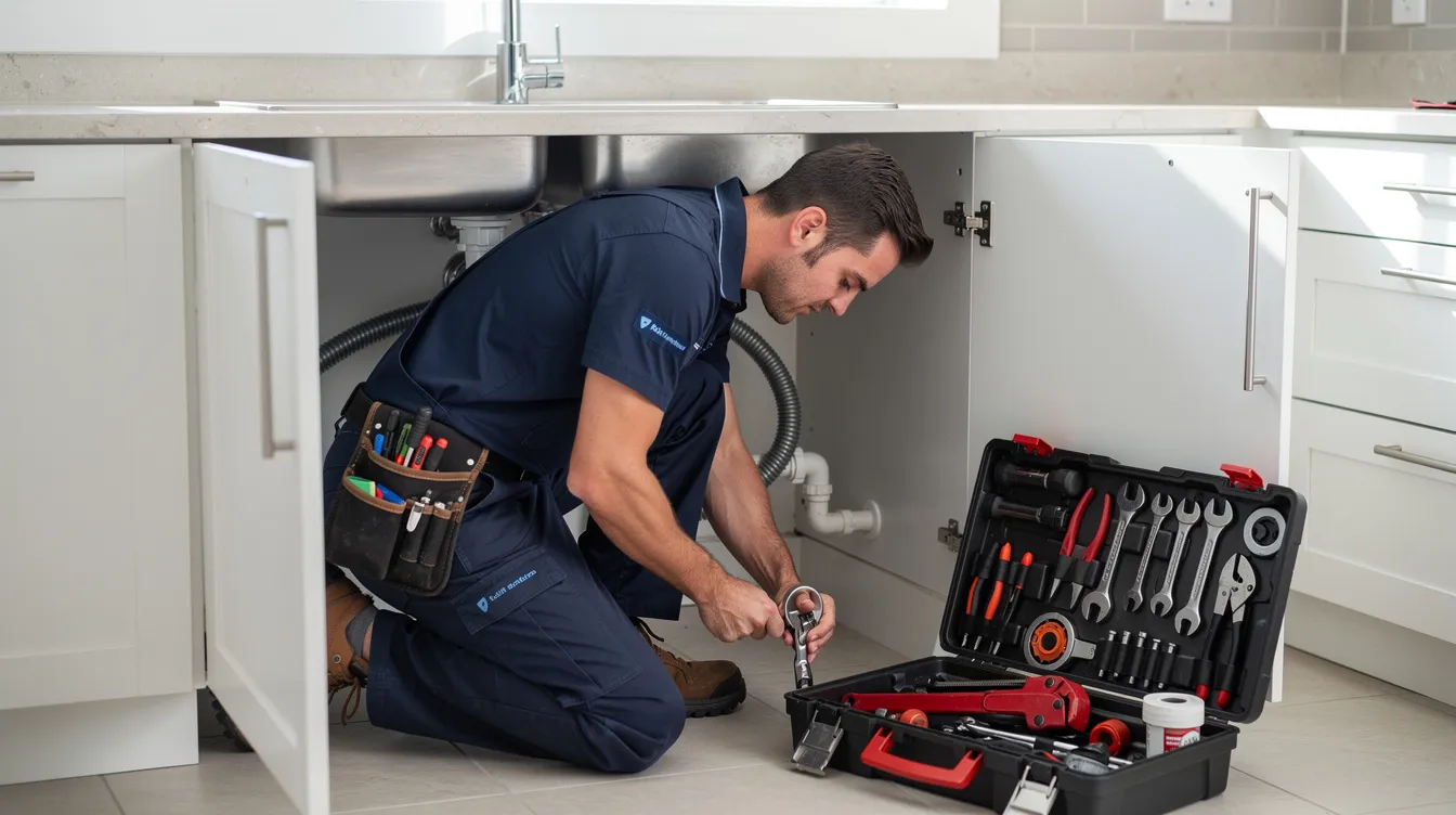 A licensed plumber is working under a kitchen sink, using various tools to address a plumbing issue, possibly fixing a small leak. The image highlights the plumber's expertise in providing plumbing services and ensuring the proper maintenance of residential plumbing systems.
