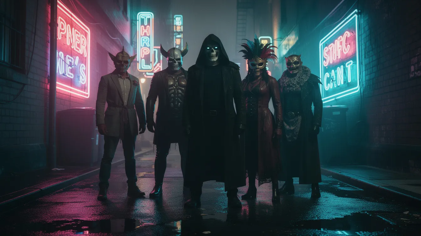 In einer dunklen Gasse, beleuchtet von grellem Neonlicht, stehen mehrere maskierte und kostümierte Gestalten, die bedrohlich in die Kamera blicken. Diese Figuren könnten aus den Geschichten von Gotham City stammen, wo Helden wie Batman und Schurken wie der Riddler um die Vorherrschaft kämpfen.