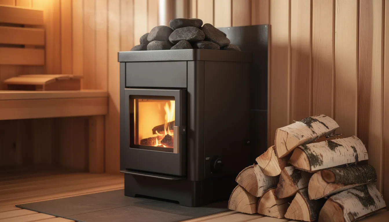 The image depicts a traditional wood-burning sauna heater, showcasing its rustic design with a visible wood stove and chimney. This authentic Finnish sauna heater radiates warmth by burning wood, providing an efficient and natural way to produce steam and heat the sauna room for optimal relaxation and health benefits.