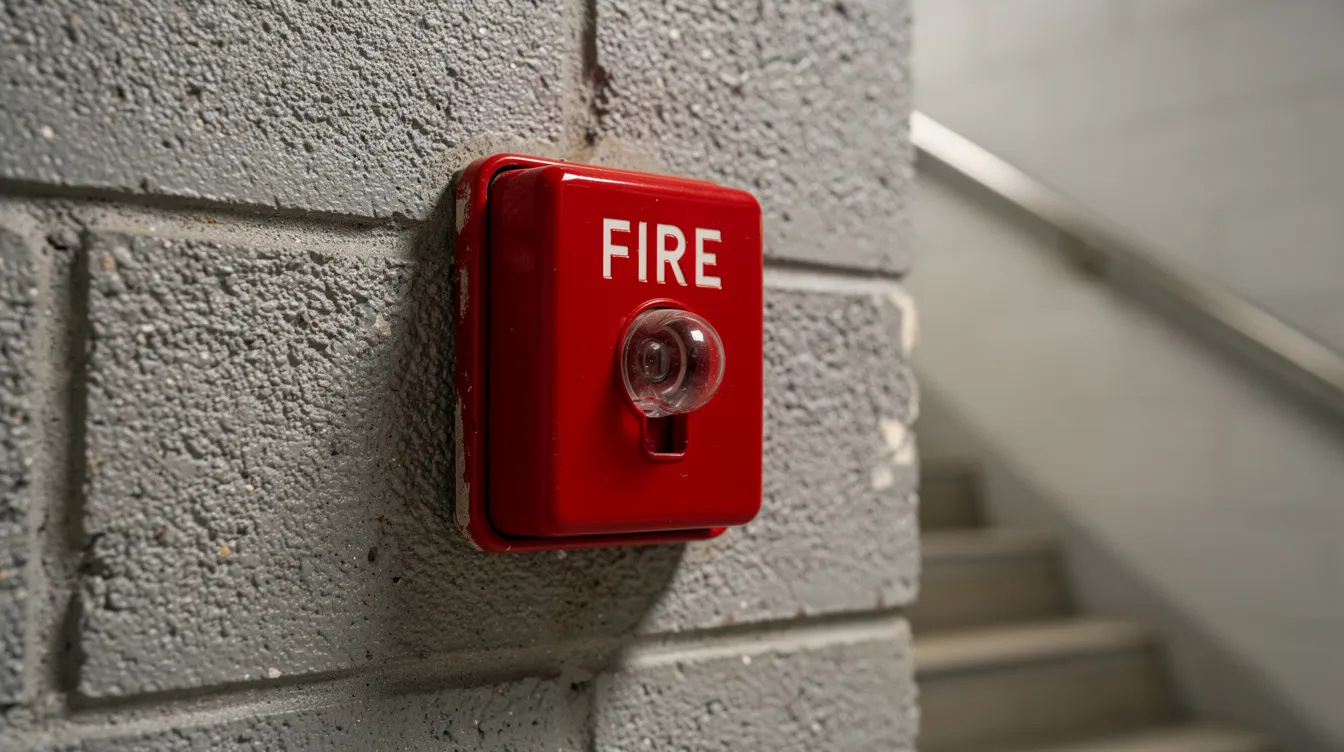 Fire alarm pull station mounted in a commercial building stairwell.