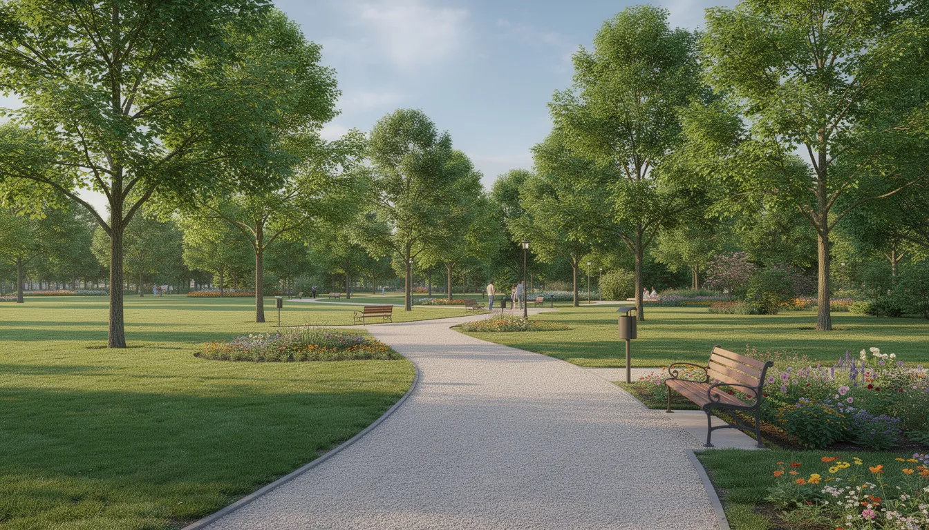 Na obrazie widoczny jest zielony park z alejkami spacerowymi, drzewami i trawnikami, wypełniony światłem słonecznym. To idealne miejsce do relaksu i wypoczynku, które może być atrakcyjne dla mieszkańców Bielan oraz osób poszukujących nieruchomości w Warszawie.