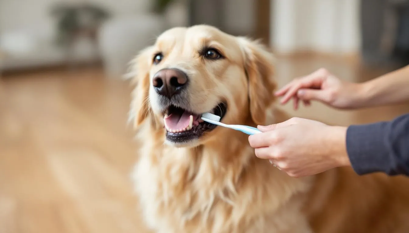 A dog is having its teeth brushed with a soft-bristled toothbrush and dog-safe toothpaste, promoting oral hygiene to prevent periodontal disease. This daily brushing helps maintain the dog