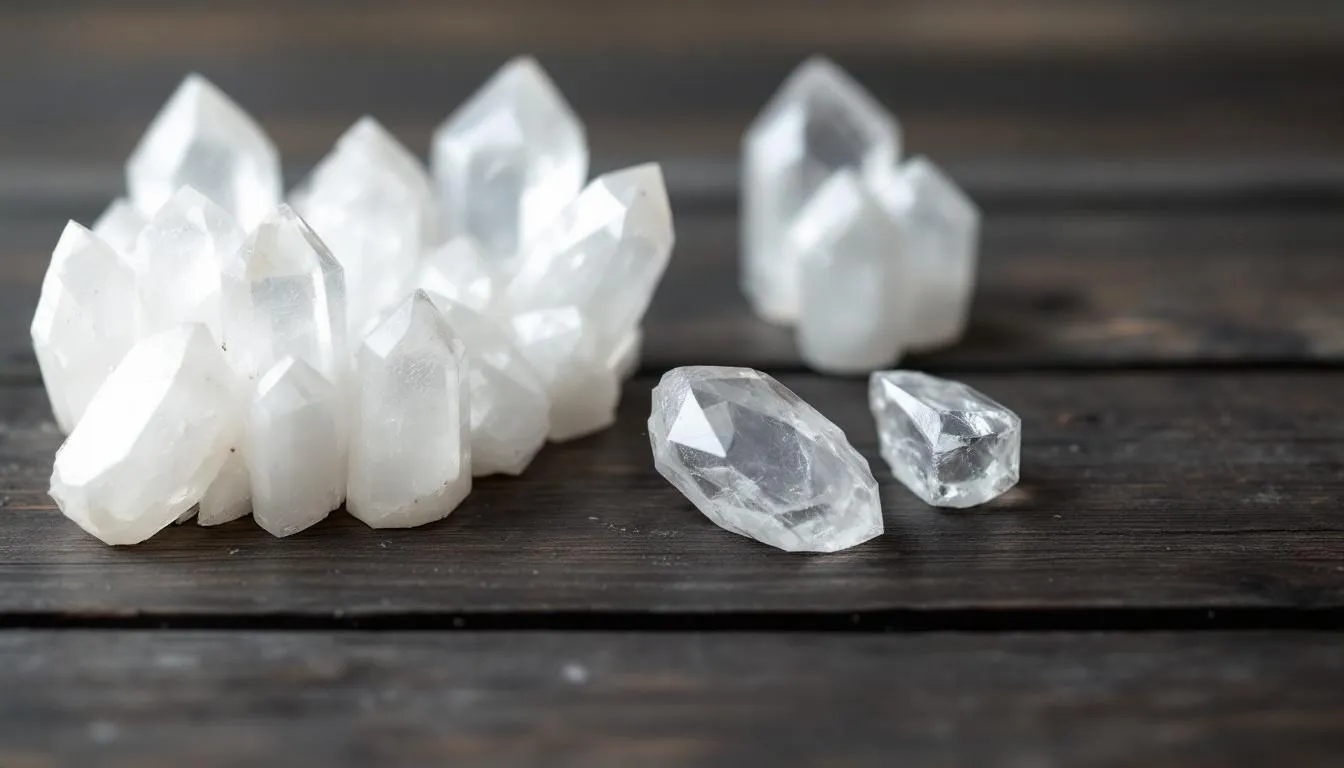 The image features a collection of various healing stones, including selenite, rose quartz, and smoky quartz, arranged aesthetically to highlight their unique textures and colors. These healing crystals are known for their cleansing properties, promoting emotional balance and spiritual growth while helping to purify energy and attract positive energy.