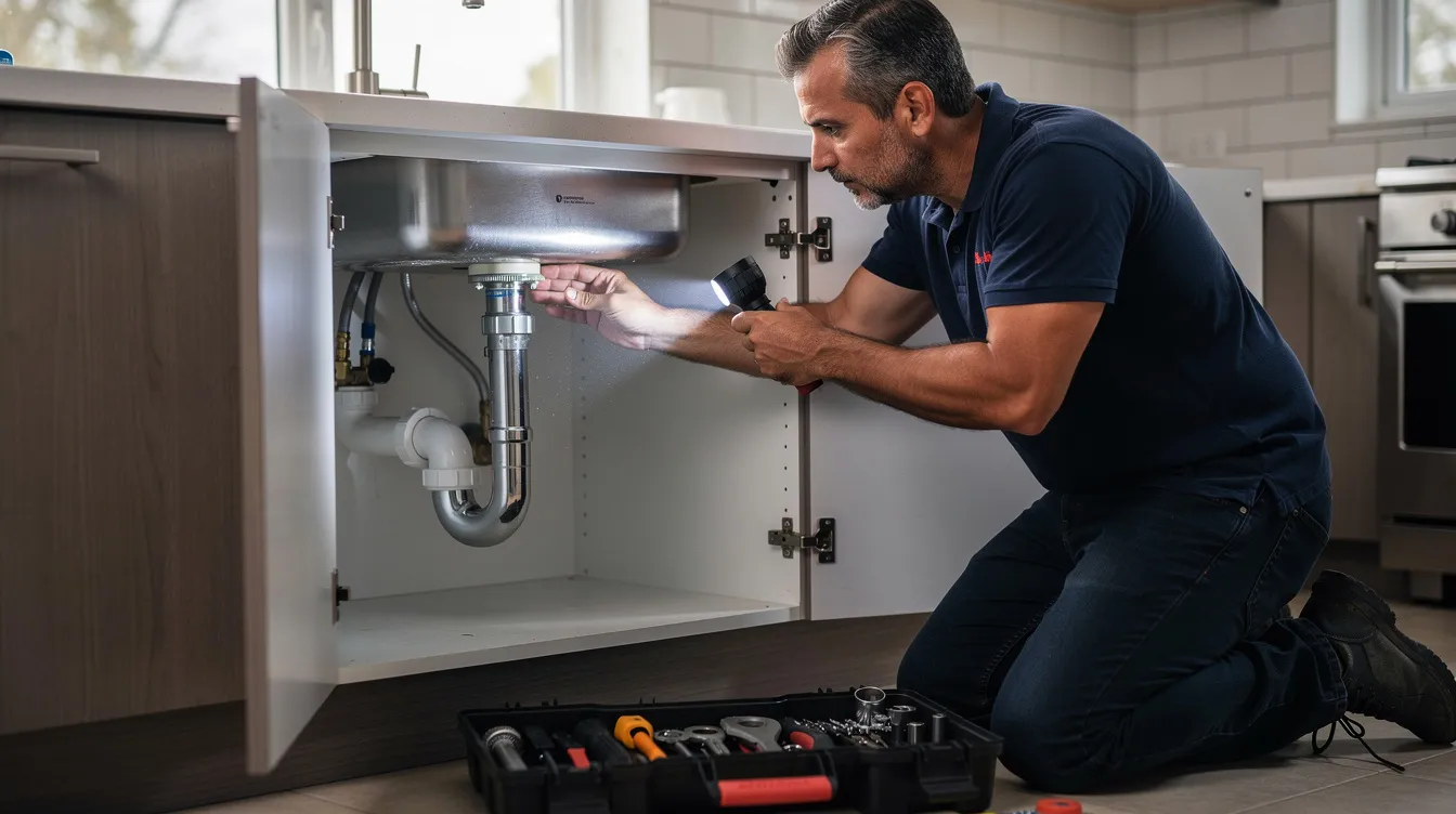 A professional plumber inspects the plumbing system beneath a kitchen sink using a flashlight, looking for potential plumbing problems such as leaks or blockages. This urgent plumbing situation highlights the importance of regular maintenance to prevent costly repairs and minimize water damage.