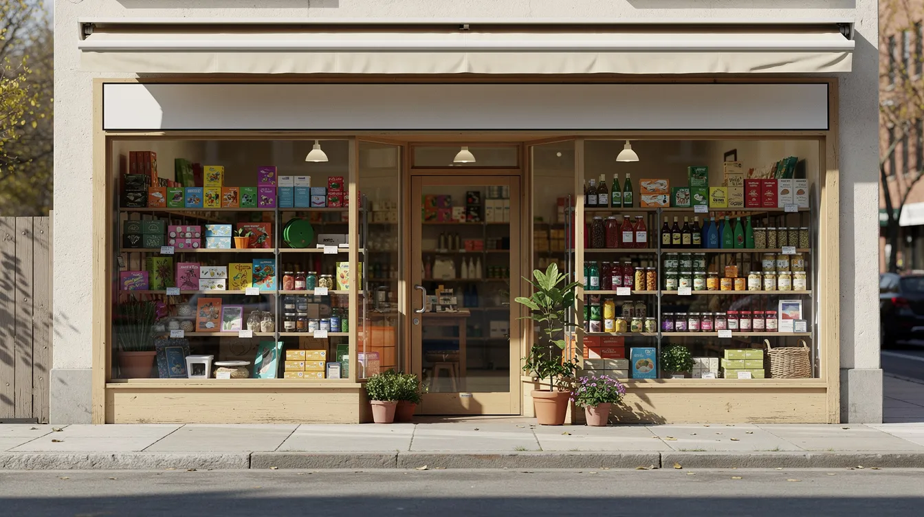 9a05e6e1 4ef4 4736 9db3 0977de44d4b7 The image shows a small retail shop storefront with various goods displayed neatly on shelves, inviting customers to browse. This scene reflects the essence of small business ownership, where shop owners may seek financial support through options like a mudra loan to enhance their business viability.