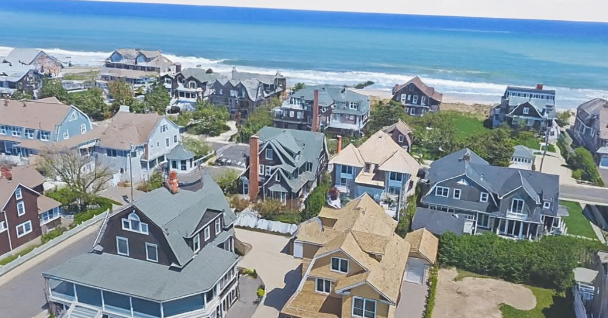 Aerial view of Bay Head NJ vacation homes and beach houses along the Jersey Shore coastline, ideal for summer rentals and family vacations.