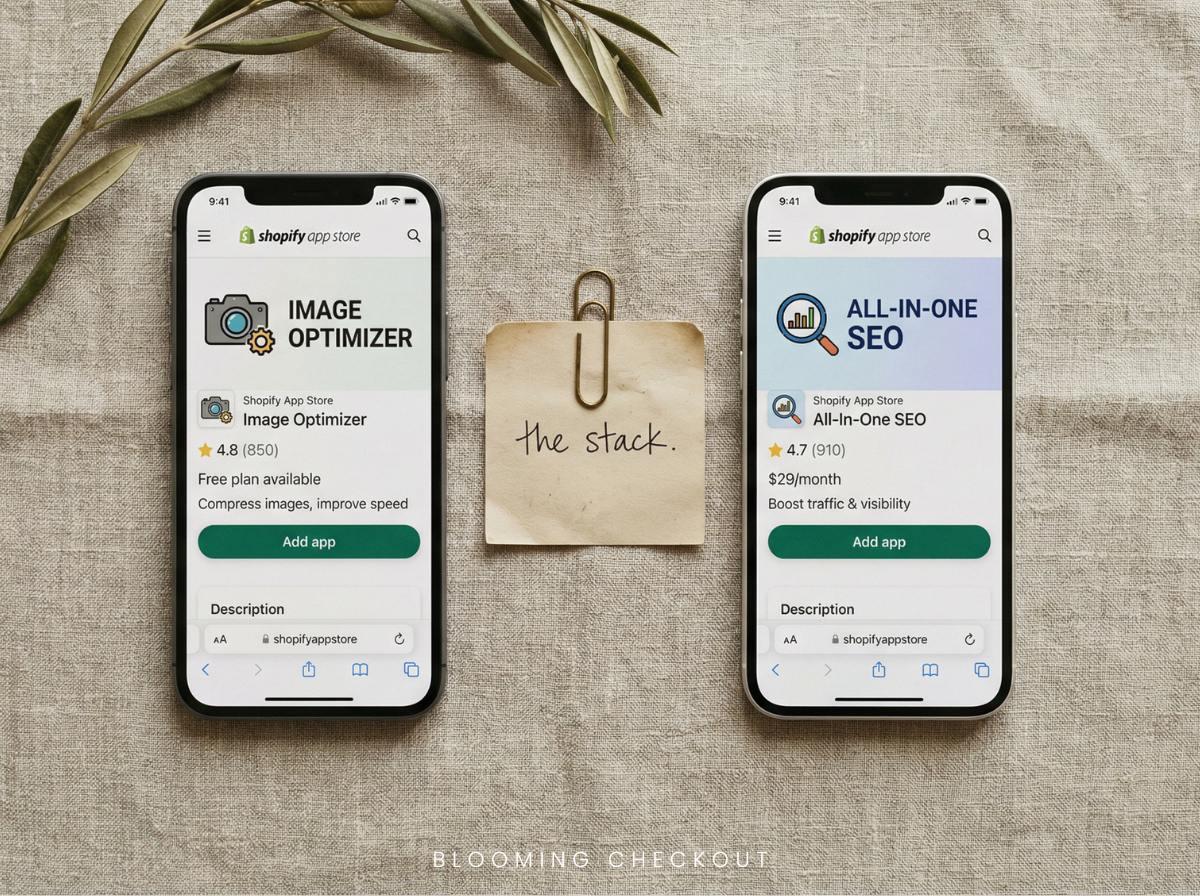App Store listings for an image optimizer and an all-in-one SEO app, with a handwritten "the stack" note between them on linen.
