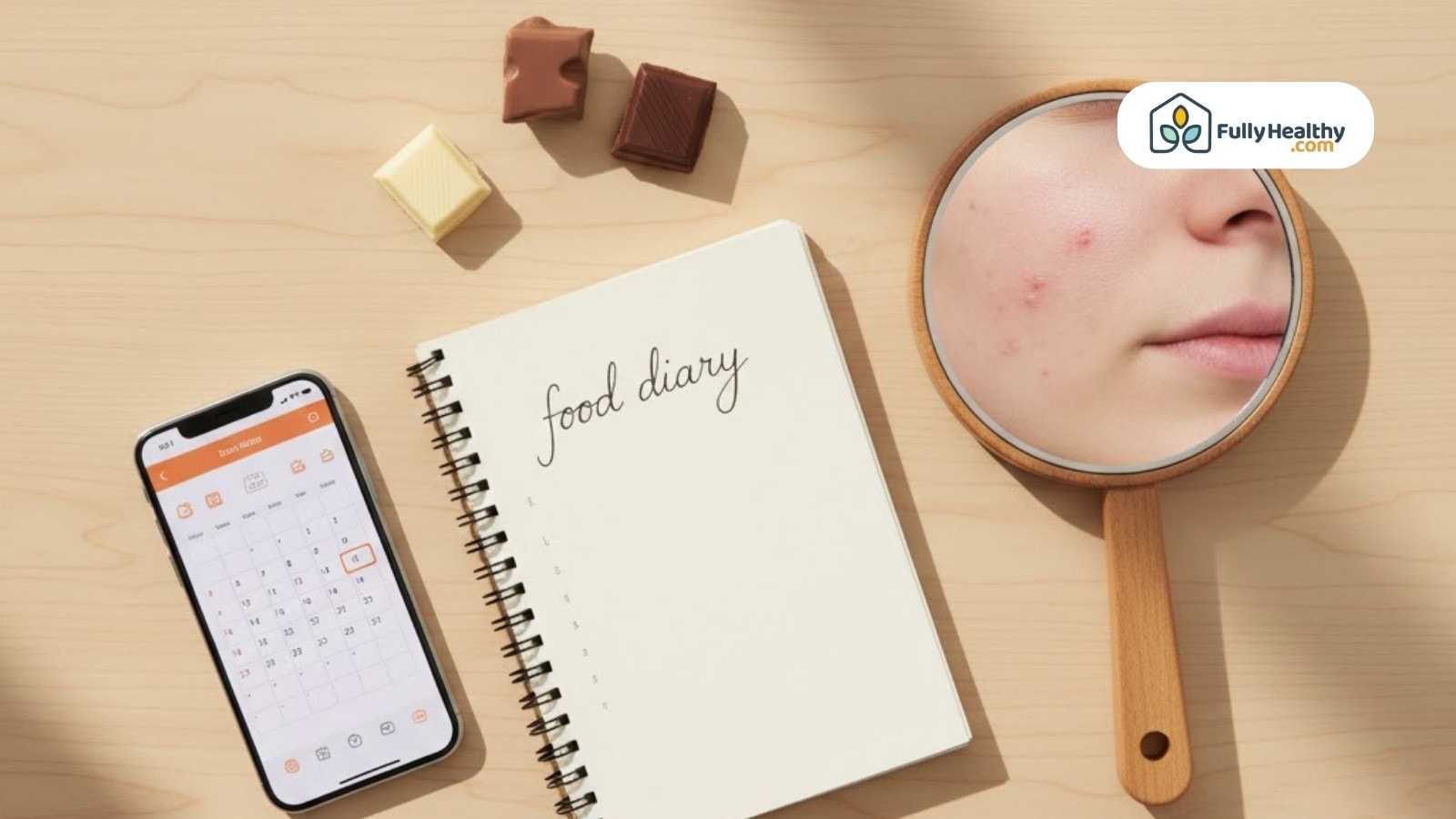 Food diary with chocolate pieces calendar app and mirror showing acne breakout