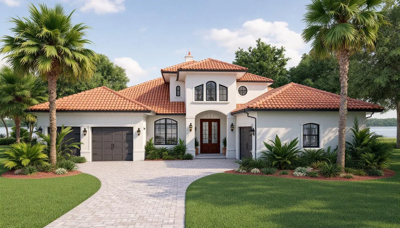This image depicts a newly constructed Mediterranean-style home located in Naples Manor, Florida, surrounded by lush palm trees. The bright and spacious layout features modern tile flooring, a well-appointed kitchen with stainless steel appliances, and an inviting open concept living space that showcases natural light, perfect for ultimate indoor-outdoor living.