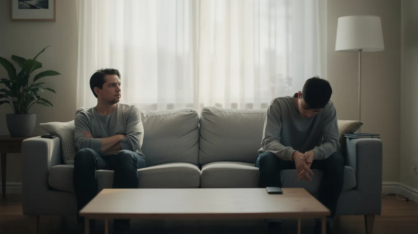 In a calm living room, a parent and teenager sit apart on a couch, reflecting the emotional distance often seen during family conflicts related to teenage anger and mood swings. The scene captures the underlying struggles with intense emotions and the need for healthy coping skills to manage anger and promote emotional well-being.