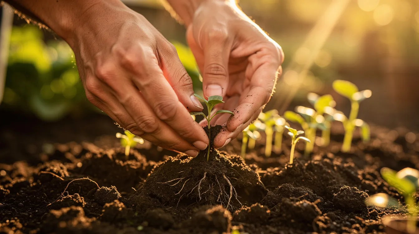 The image depicts hands gently planting seedlings in rich garden soil, illuminated by warm sunlight filtering through, symbolizing the therapeutic benefits of spending time in nature to improve mental health and relieve stress. This nurturing activity promotes emotional well-being and fosters a connection to the earth, contributing to overall wellness.