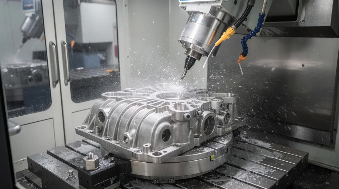 A five-axis CNC machine is actively machining a complex metal aerospace component, with a fine spray of coolant visible to maintain optimal temperatures during the precision machining process. This advanced CNC machining center is designed to achieve exceptional accuracy and tight tolerances in the production of custom machined parts.