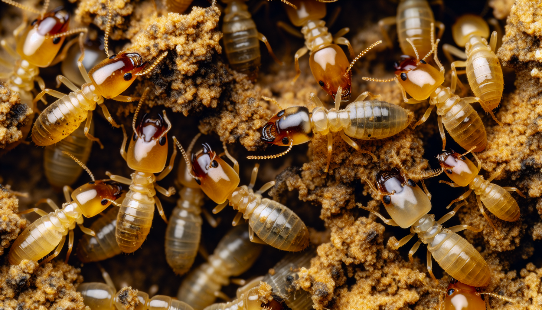 Photo of a termite colony with workers, soldiers, and reproductive members