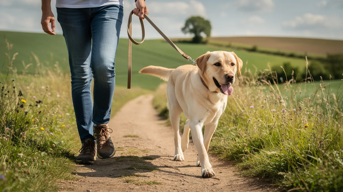 A fit Labrador retriever walks alongside its owner on a lead along a picturesque countryside path, showcasing its healthy and active lifestyle. The dog's strong legs and intact cruciate ligaments suggest it is free from common knee injuries, allowing for enjoyable outdoor exercise.