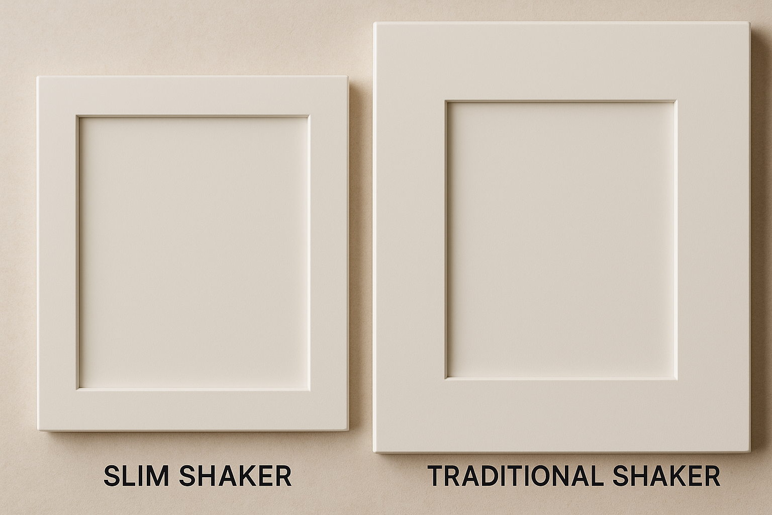 The image features a close-up comparison of slim shaker cabinet frames alongside traditional shaker frames, clearly highlighting the width difference between the two styles. This visual demonstration showcases the sleek and modern design of slim shaker doors, appealing to homeowners seeking a minimalist aesthetic for their kitchen design.