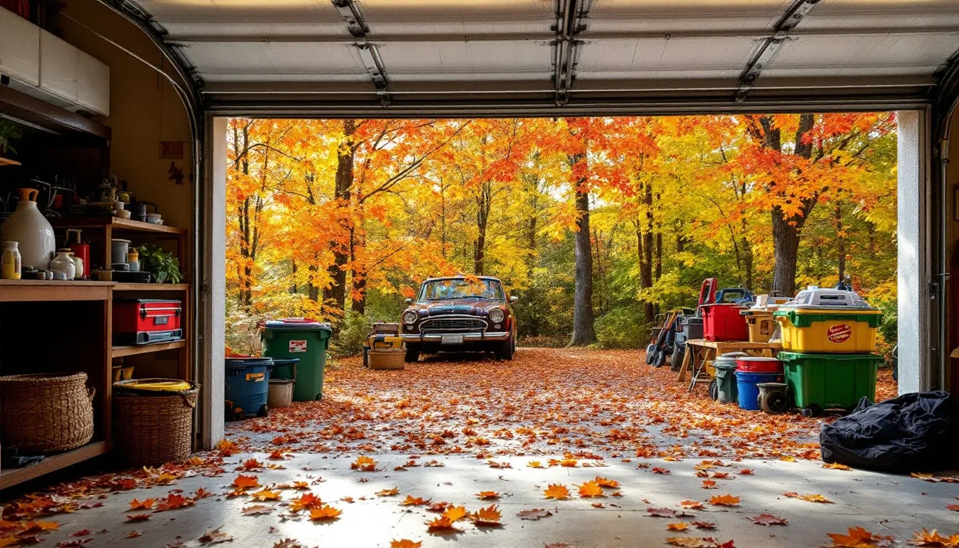 An autumn scene outside a Massachusetts residential garage features colorful leaves, indicating it's the perfect time for a garage cleanout. Inside, the cluttered garage contains cardboard boxes, worn-out sports equipment, and various unwanted items, highlighting the need for garage cleaning and organization to maximize storage space and functionality.