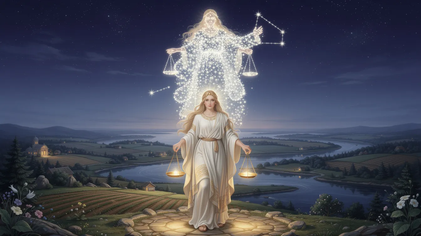 The image depicts Astraea, the Greek goddess of justice, transforming into the constellation Virgo, symbolizing her embodiment of the virgin goddess archetype. Surrounded by stars, she represents purity, mental clarity, and the divine justice associated with the earth sign Virgo, as she leaves earth to take her place in the heavens.