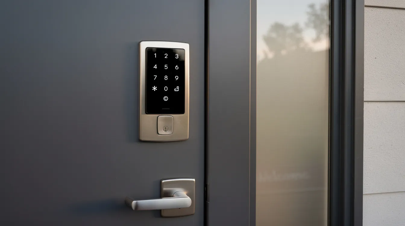 The image features a modern front door equipped with a sleek smart lock keypad, commonly found in rental properties like Airbnb investments. This high-tech entry system enhances guest communication and security, making it ideal for property managers and real estate investors looking to attract guests in the competitive short-term rental market.