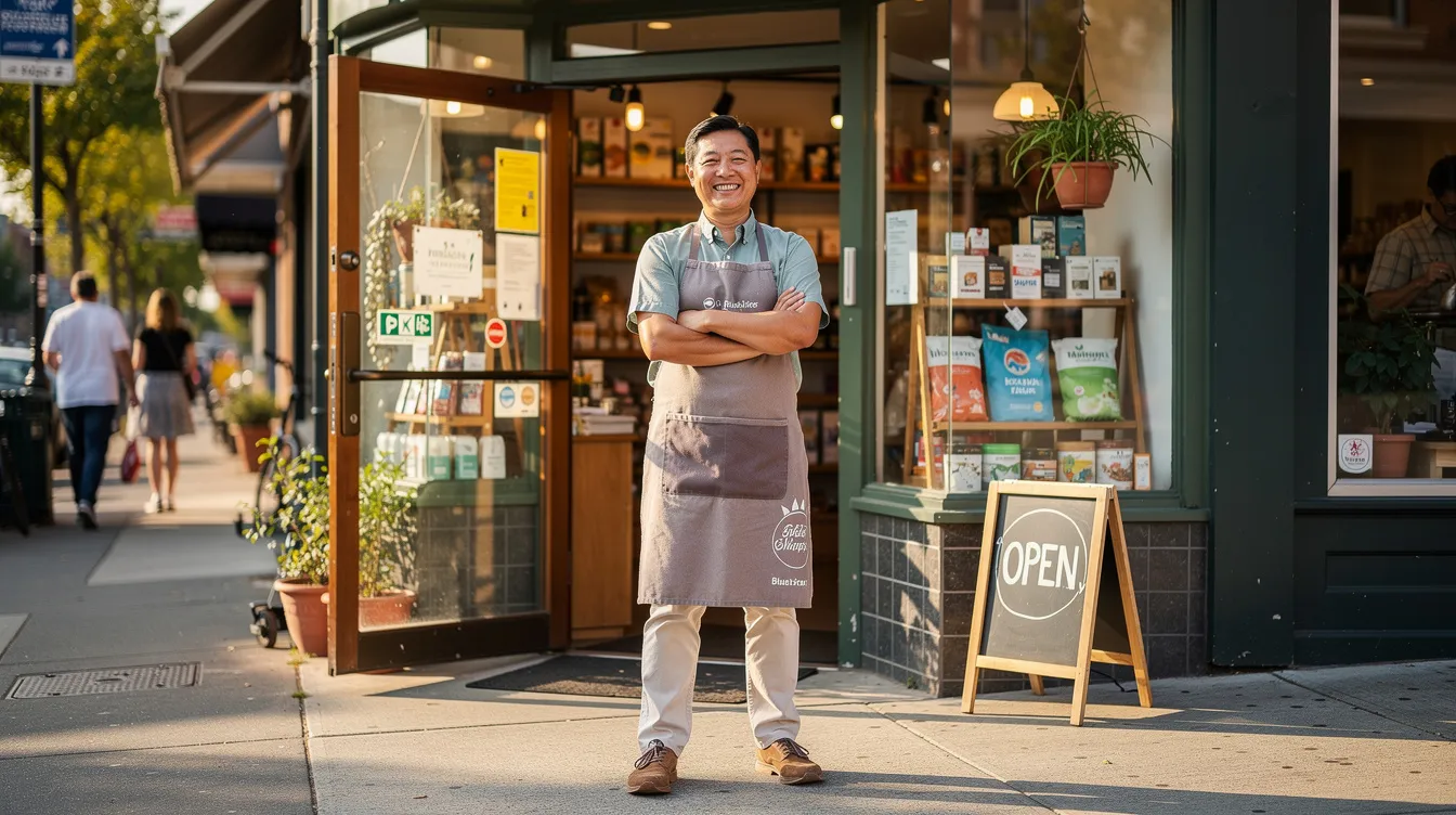 9a12f0fc dadb 4d9f 8775 9b4cb844c3e2 A proud small shop owner stands in front of their retail store, showcasing their business success. The image reflects the spirit of entrepreneurship, essential for accessing business loans and mudra loan applications for growth and sustainability.