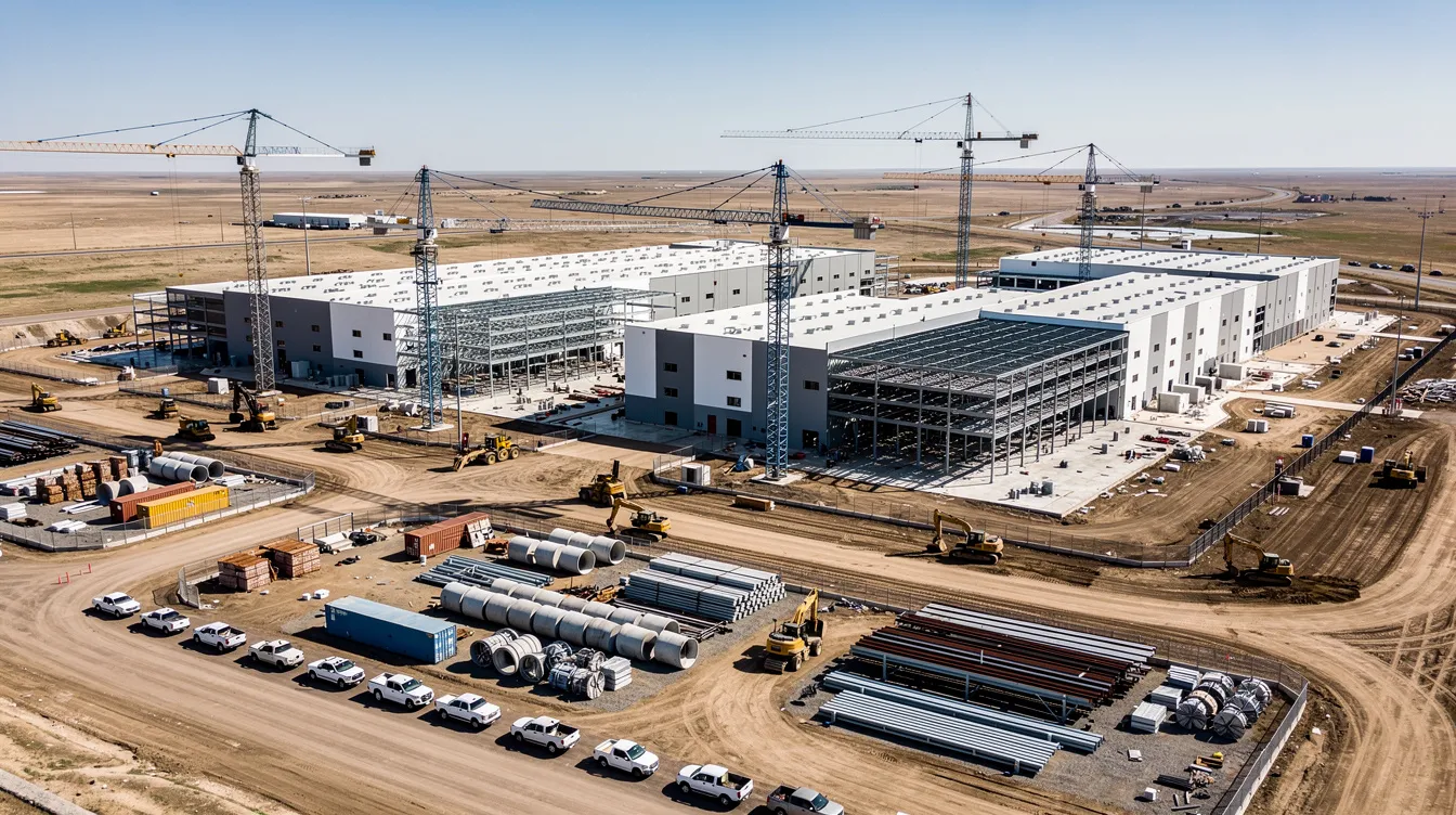 An aerial view captures a large data center campus under construction, featuring cranes and heavy equipment on a flat, open landscape. This scene highlights the skilled trades workforce engaged in manual labor, essential for developing critical infrastructure in the modern economy.