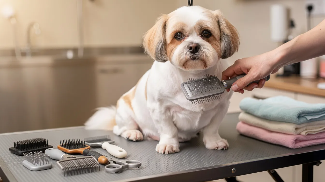 A calm small dog is being gently brushed on a grooming table, surrounded by brushes and towels, as part of its regular grooming routine to maintain a healthy coat and skin. The dog's fur is being carefully detangled, helping to remove dead hair and prevent matting, while ensuring a relaxing experience for the pet.