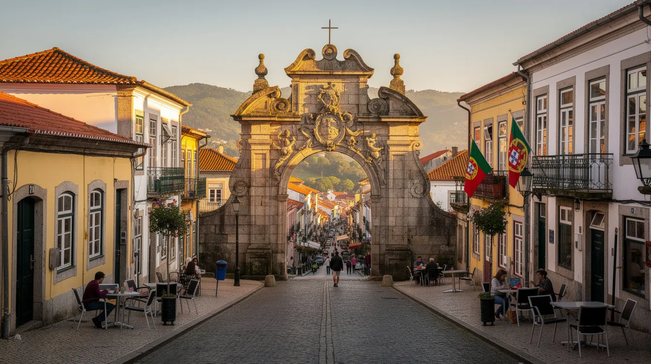 A imagem mostra uma vista panorâmica do centro histórico de Braga, Portugal, destacando a arquitetura antiga e os monumentos da cidade. É possível ver a movimentação das pessoas e a presença de transporte público, refletindo a vida urbana e a importância cultural da região.