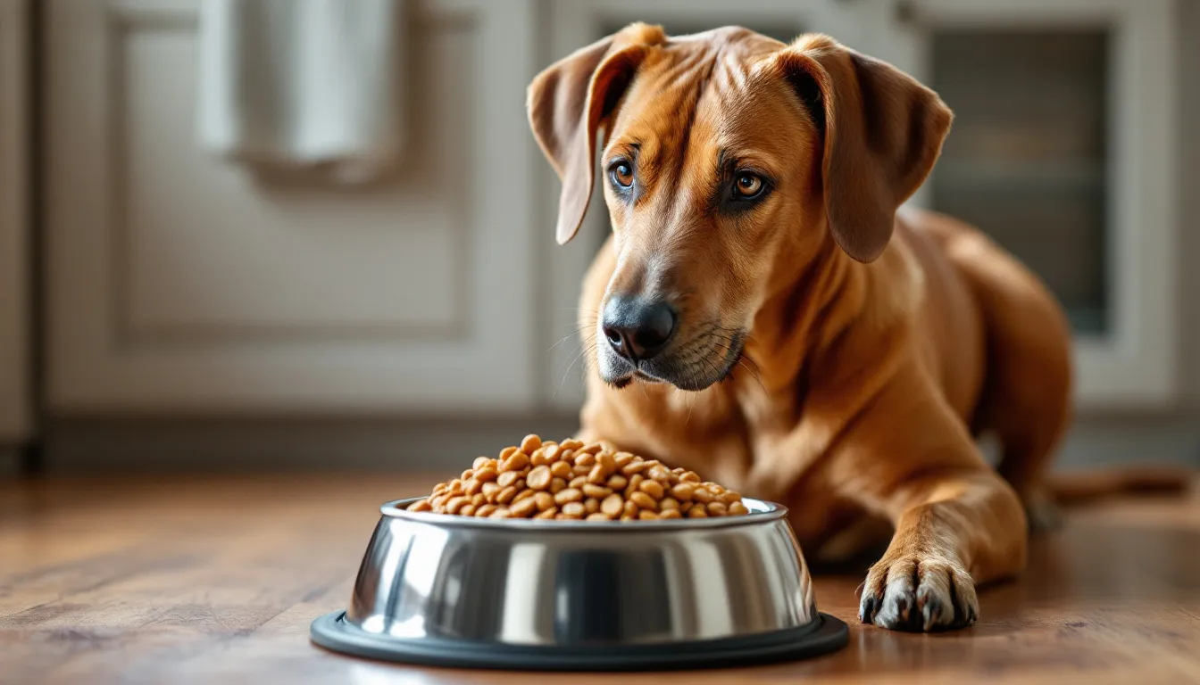 A Rhodesian Ridgeback, known for its distinctive ridge of hair along its back, is happily eating high nutrition dog food from a bowl, showcasing its athletic build and healthy appetite. This breed, originally bred to hunt lions in Africa, requires regular exercise and proper training to thrive as a loyal companion.