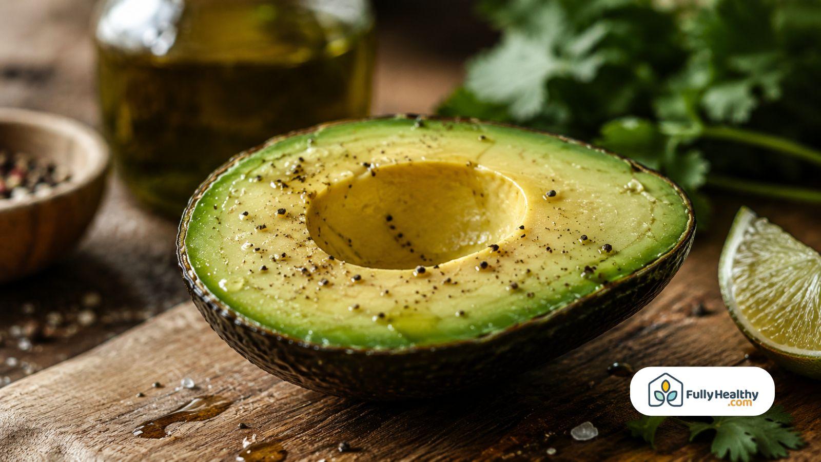 Fresh avocado half with olive oil lime and black pepper seasoning