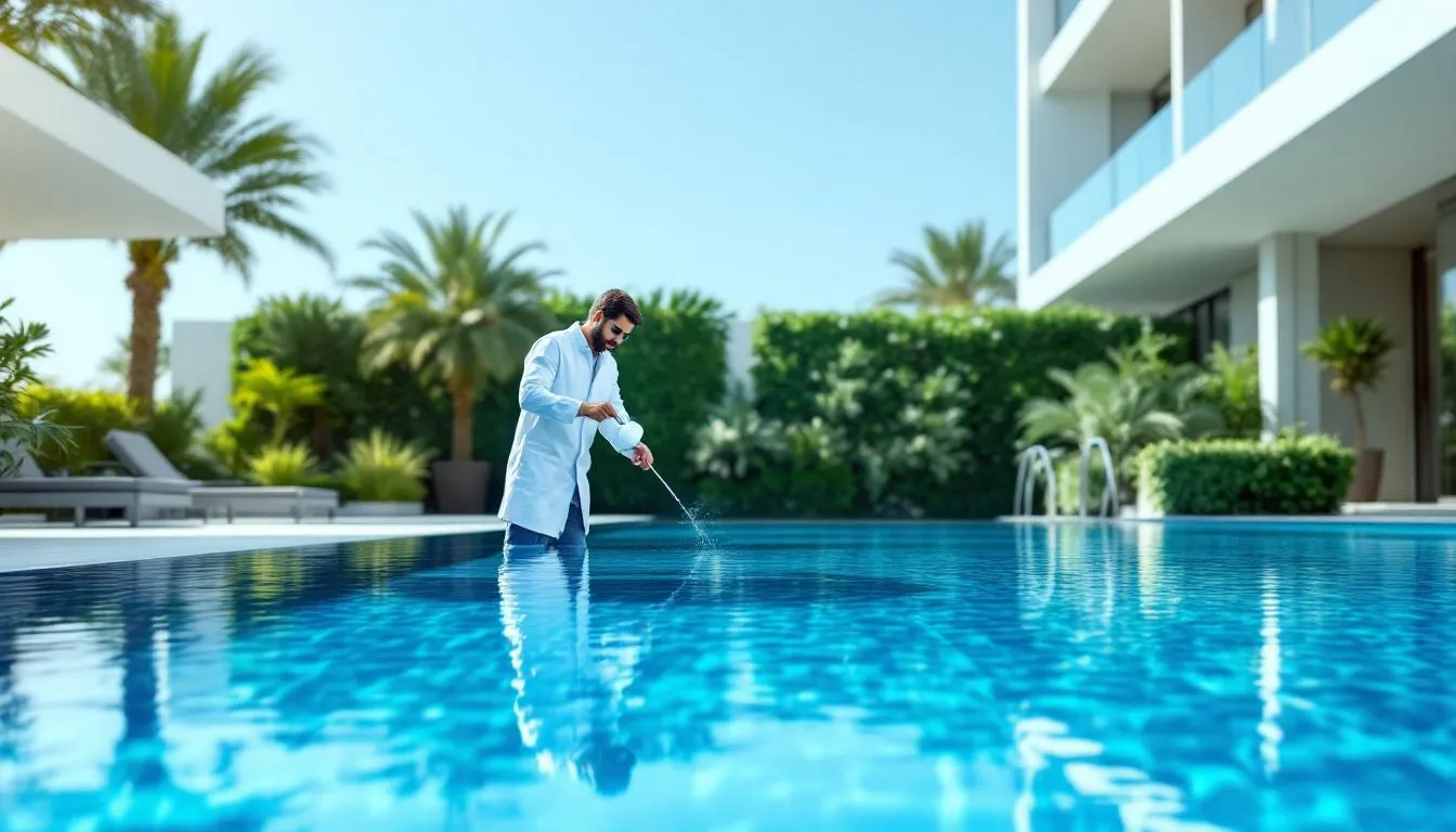 Chemical balancing process being conducted in a swimming pool.
