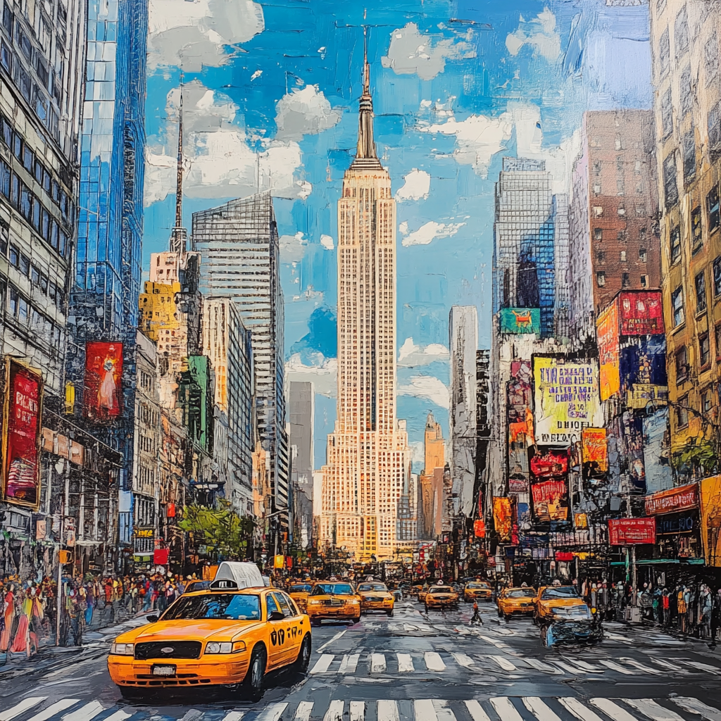A view of iconic landmarks in New York City, including the Empire State Building, showcasing the vibrant city life.