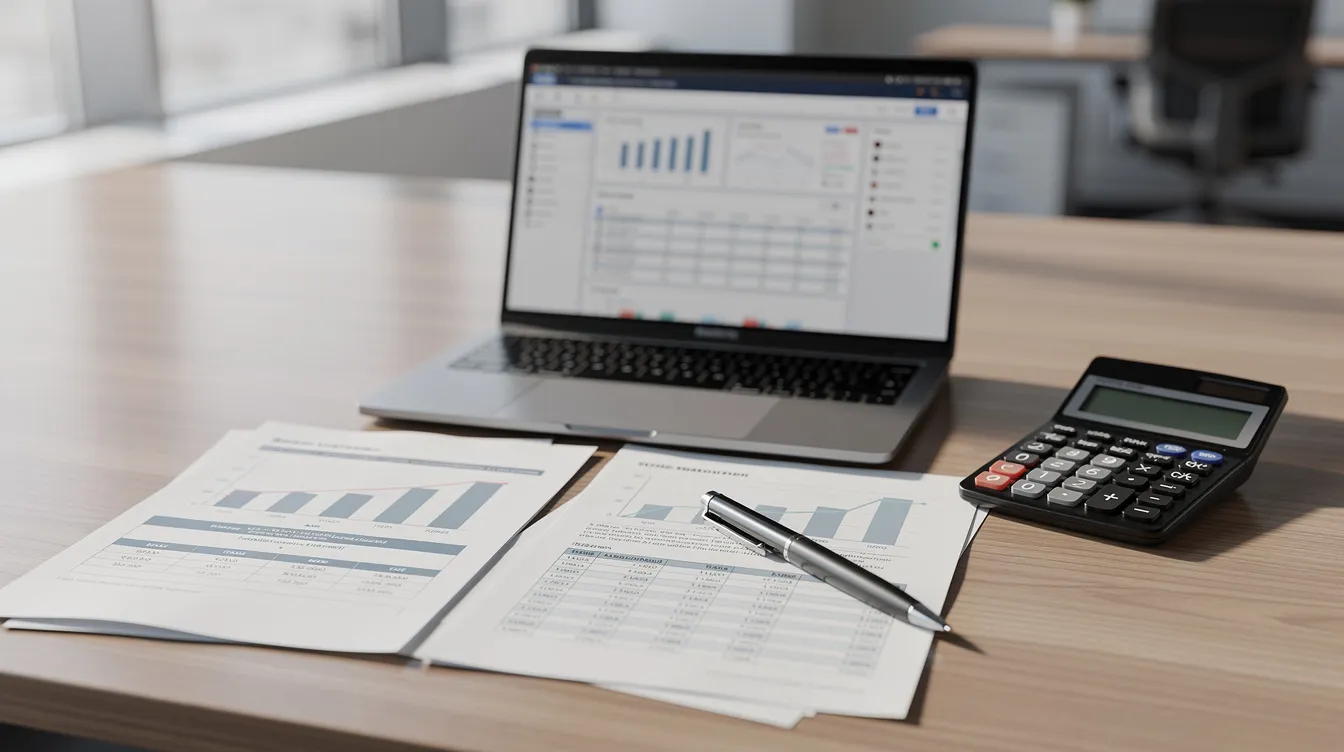 The image depicts a professional desk featuring financial documents, a calculator, and a laptop alongside a pen, symbolizing the financial analysis and planning essential for healthcare facilities like eye hospitals. This setup highlights the importance of detailed project reports and operational efficiency in supporting patient care and hospital functions.