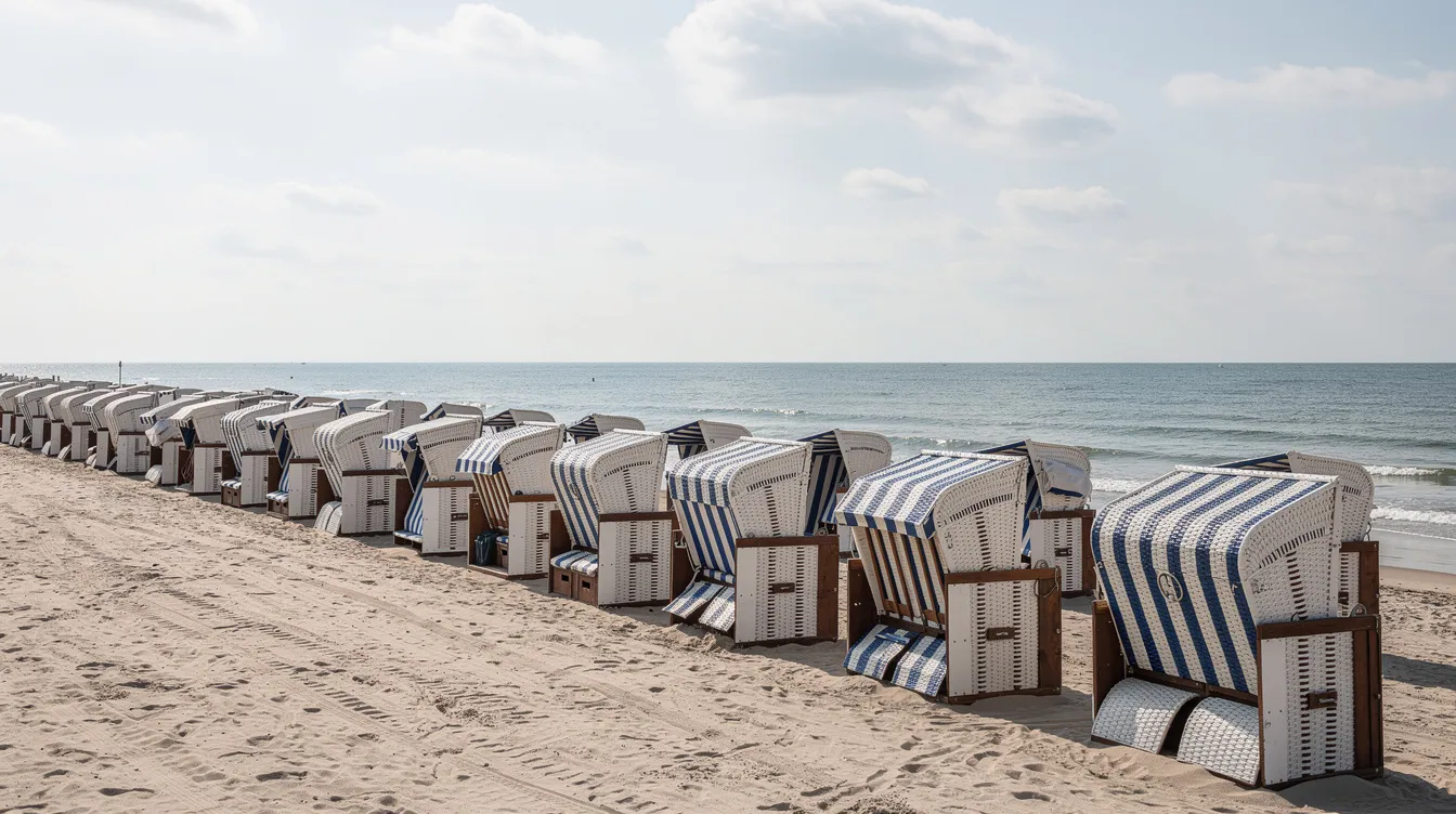 Reihen von weiß-blau gestreiften Strandkörben stehen auf dem feinen Sandstrand des Ostseebades Binz und bieten einen Blick auf die ruhige Ostsee. Die Szene vermittelt ein Gefühl von Erholung und lädt Besucher ein, die Schönheit der Binzer Bucht und die umliegende Natur zu genießen.