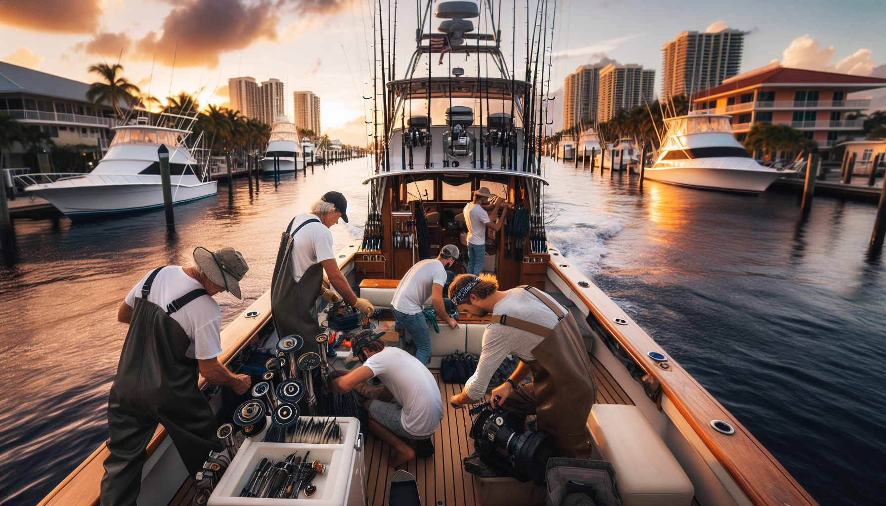 A fishing charter crew preparing the boat for a customized fishing trip