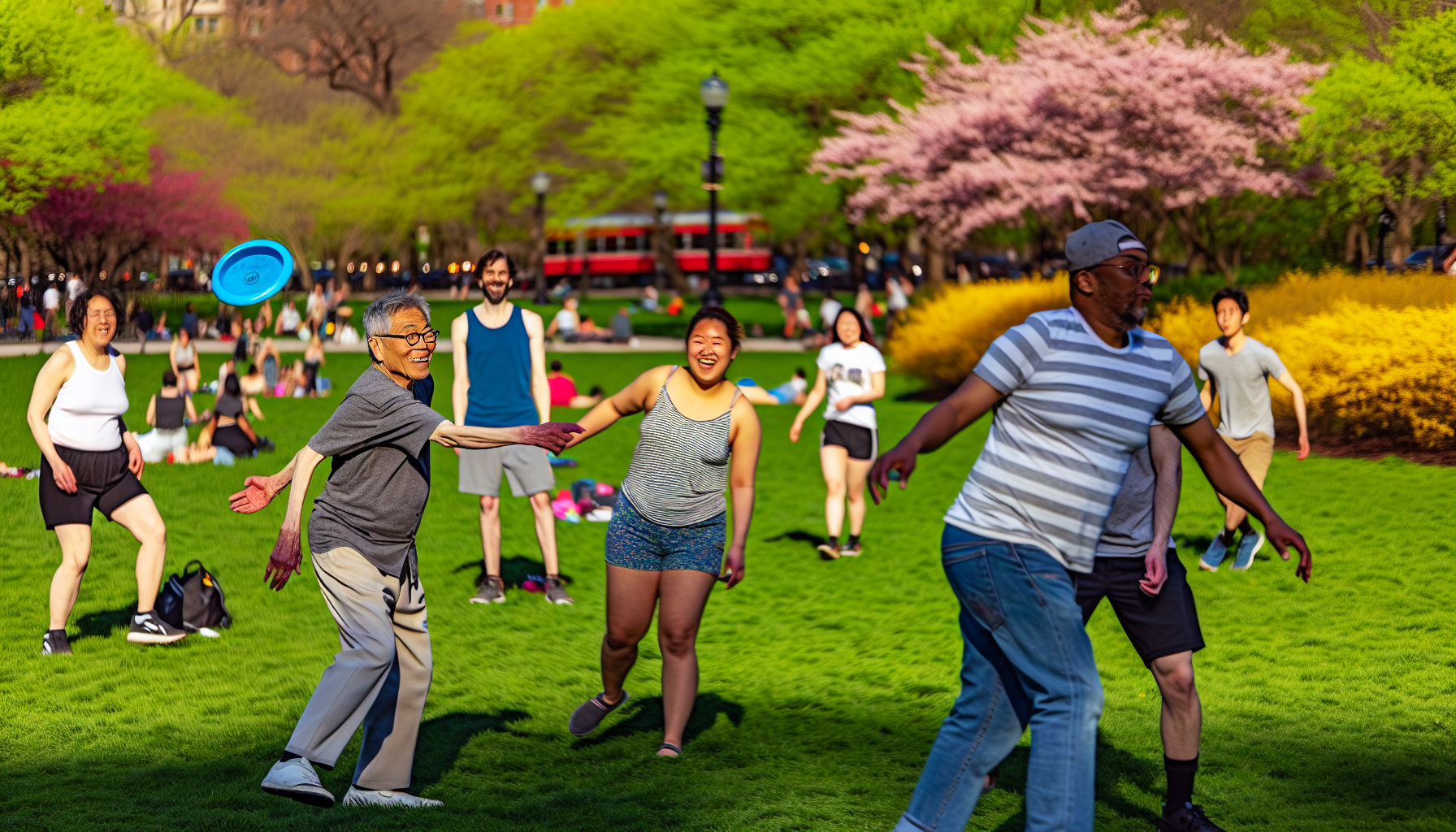 A group of people playing outdoor games in a park