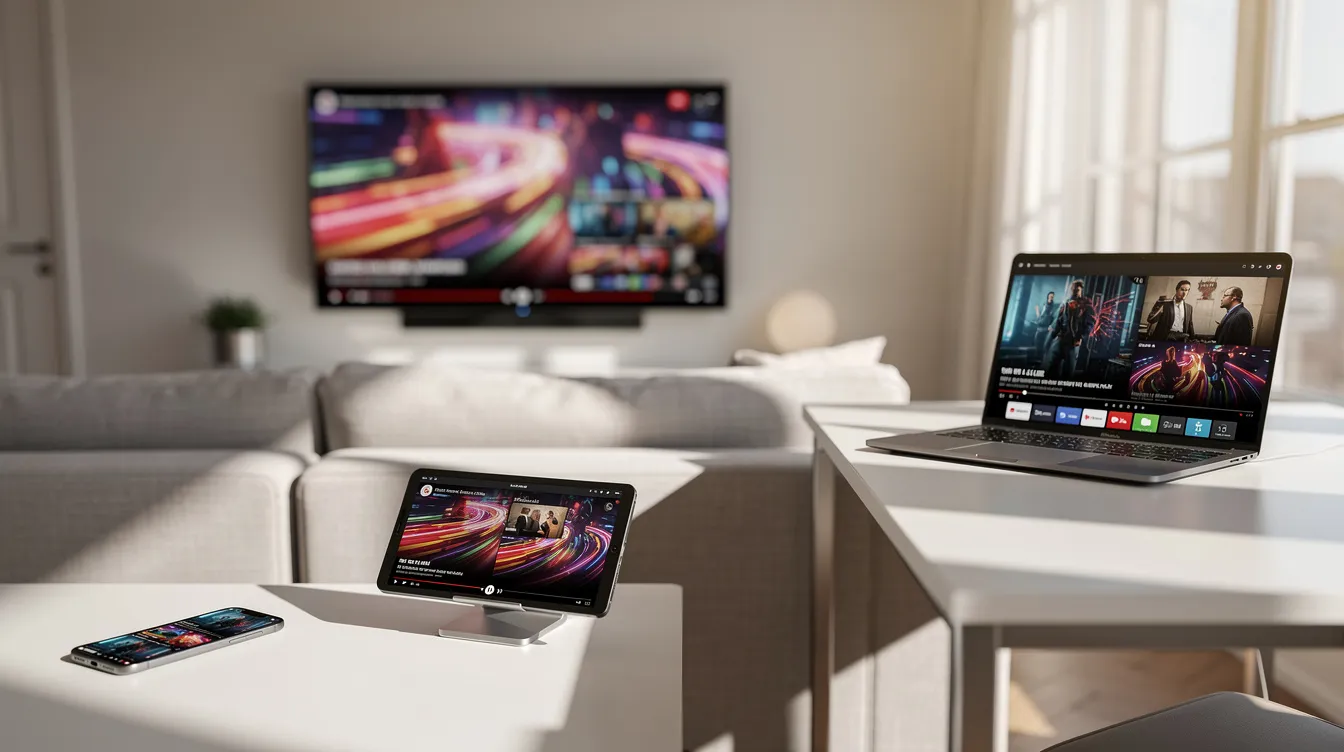 The image shows a bright room with multiple devices including a smartphone, tablet, laptop, and a smart TV, all streaming various video content. This setup represents the versatility of IPTV services, allowing users to watch live TV channels and on-demand content across compatible devices.
