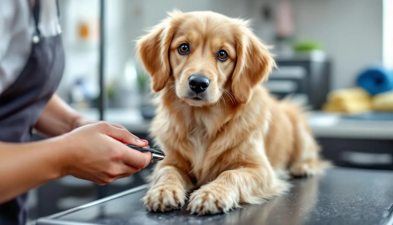 A mini goldendoodle is being groomed, showcasing its adorable curly coat as a groomer carefully trims its nails and brushes its fur. This affectionate pup, known for its hypoallergenic coat and playful nature, is receiving the regular grooming it needs to stay healthy and happy.