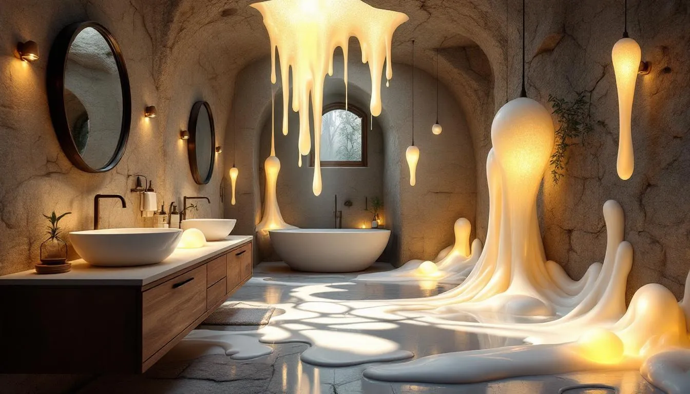 Artistic light fixtures illuminating an elegant bathroom with rustic charm.