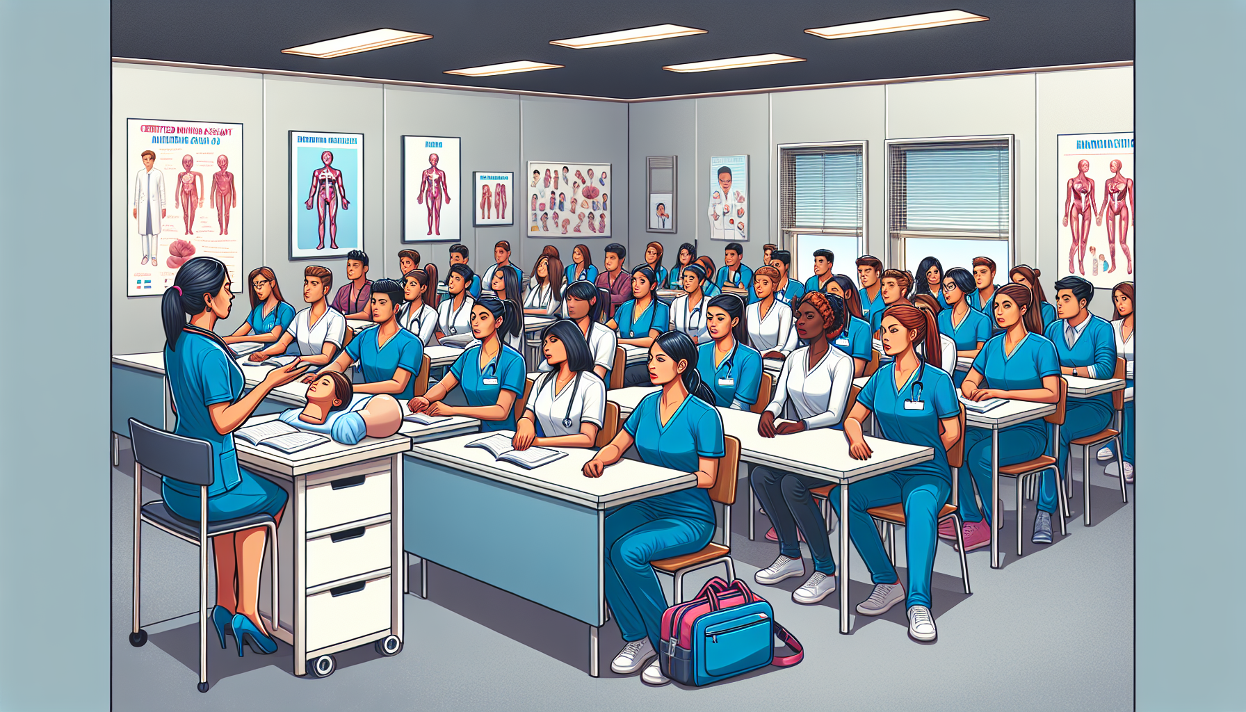 Illustration of a classroom lecture in CNA training program