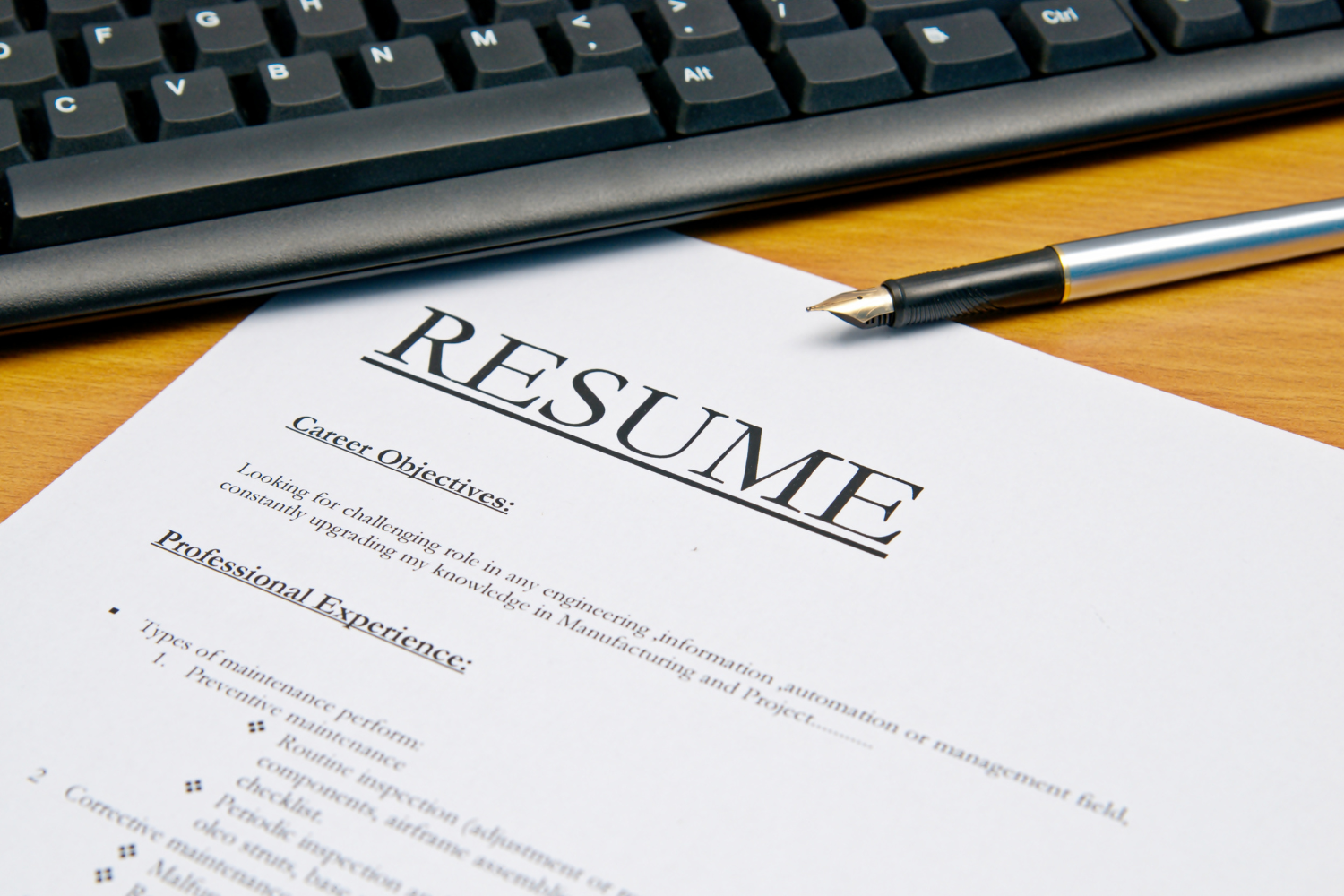 Close-up of a resume.