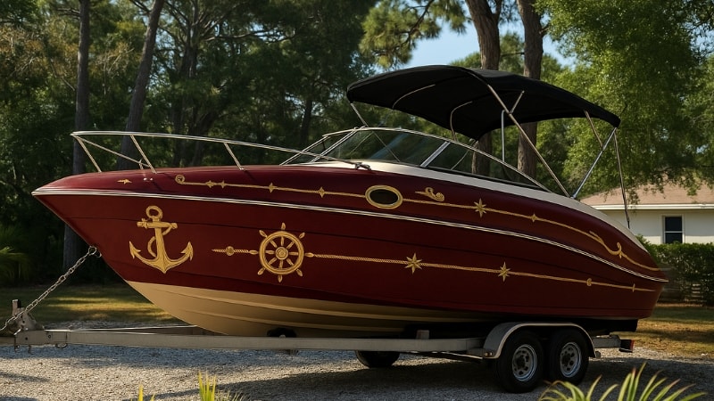 Boat wrapped in nautical themed elements